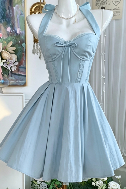 Light Blue Halter Homecoming Dress Bow Lace Corset Short Swing Party Gown F0023
