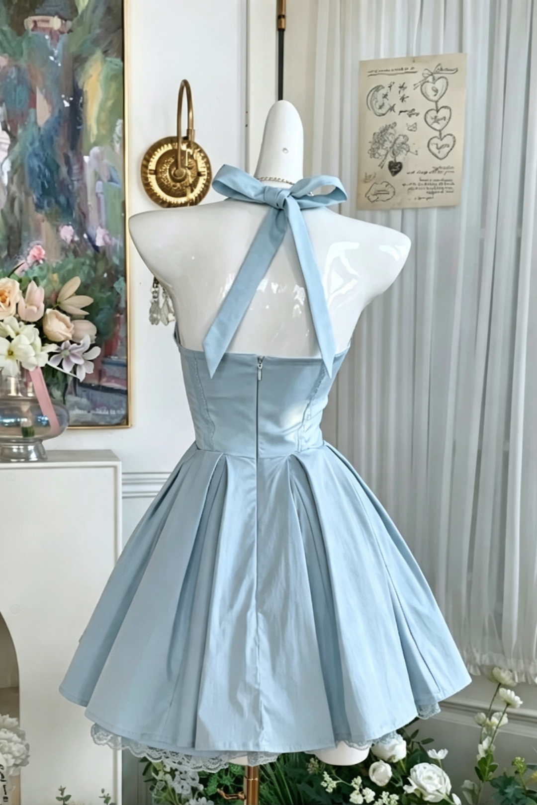 Light Blue Halter Homecoming Dress Bow Lace Corset Short Swing Party Gown F0023
