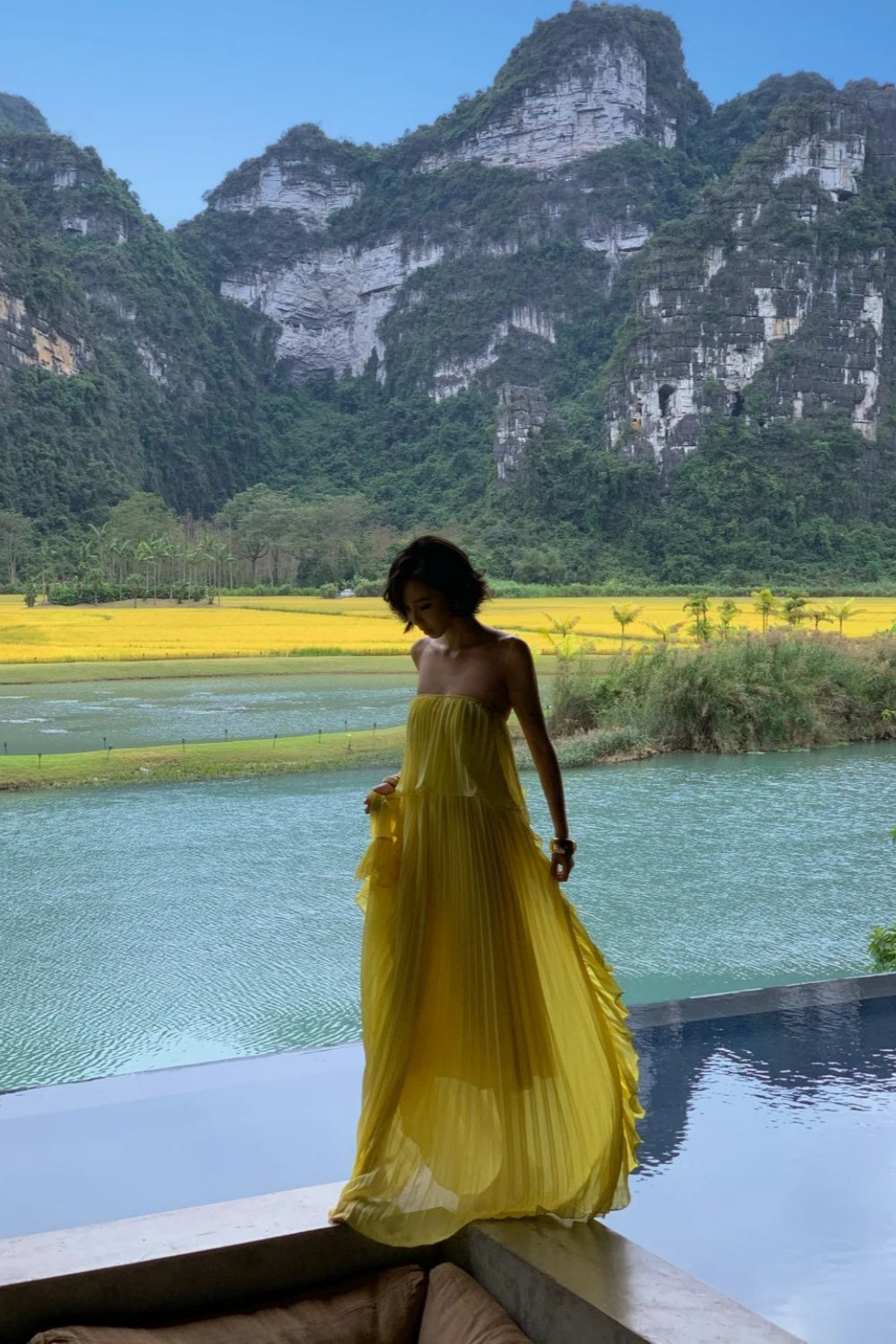 Vacation Style Off-the-Shoulder Pleated Maxi Dress Lemon Yellow Backless Gown  FD07