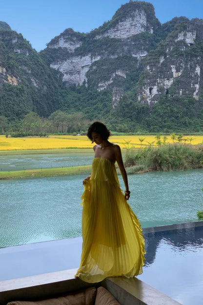 Vacation Style Off-the-Shoulder Pleated Maxi Dress Lemon Yellow Backless Gown  FD07