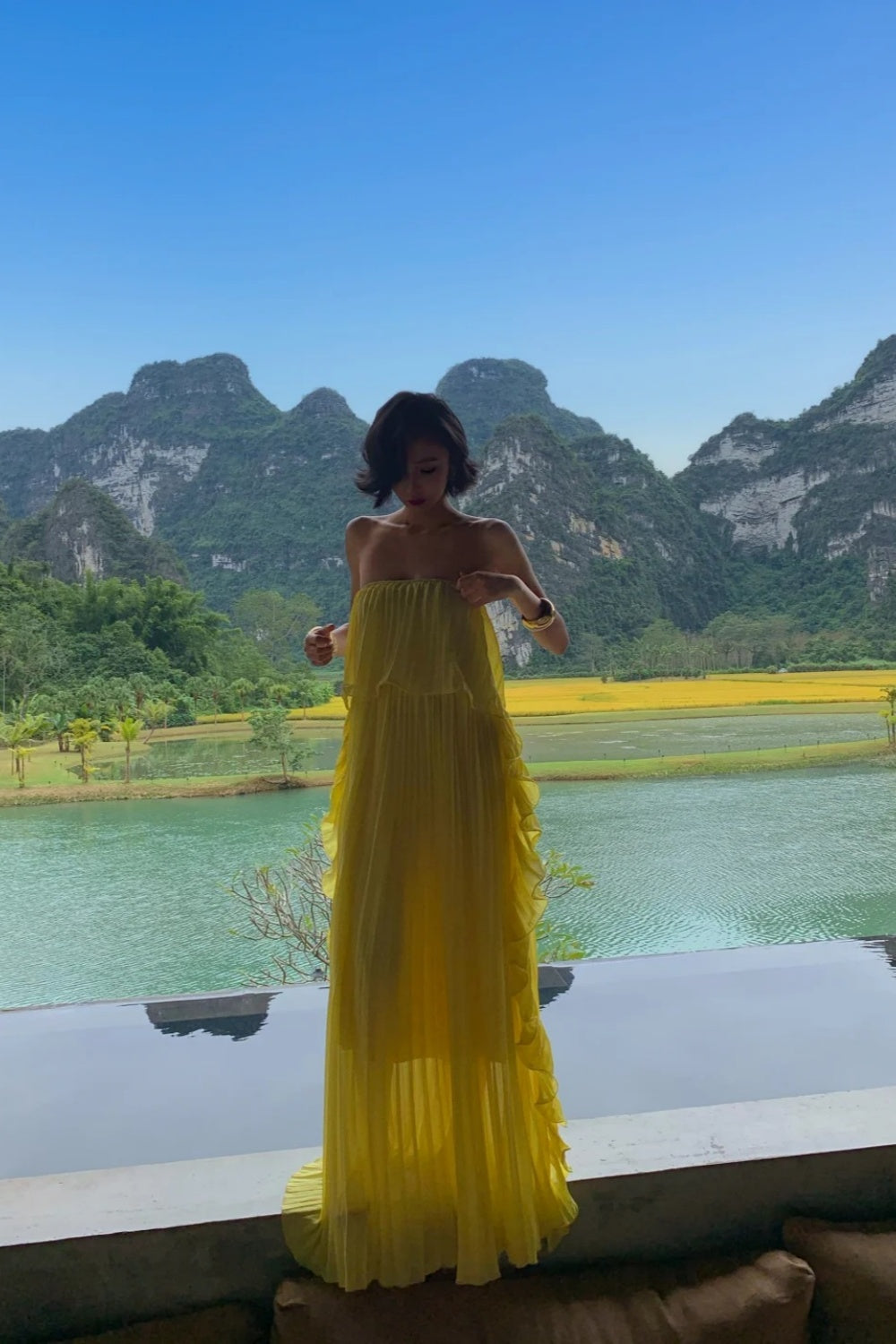 Vacation Style Off-the-Shoulder Pleated Maxi Dress Lemon Yellow Backless Gown  FD07