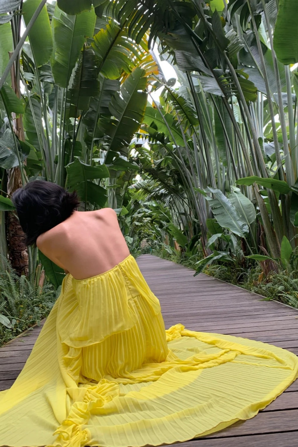 Vacation Style Off-the-Shoulder Pleated Maxi Dress Lemon Yellow Backless Gown  FD07