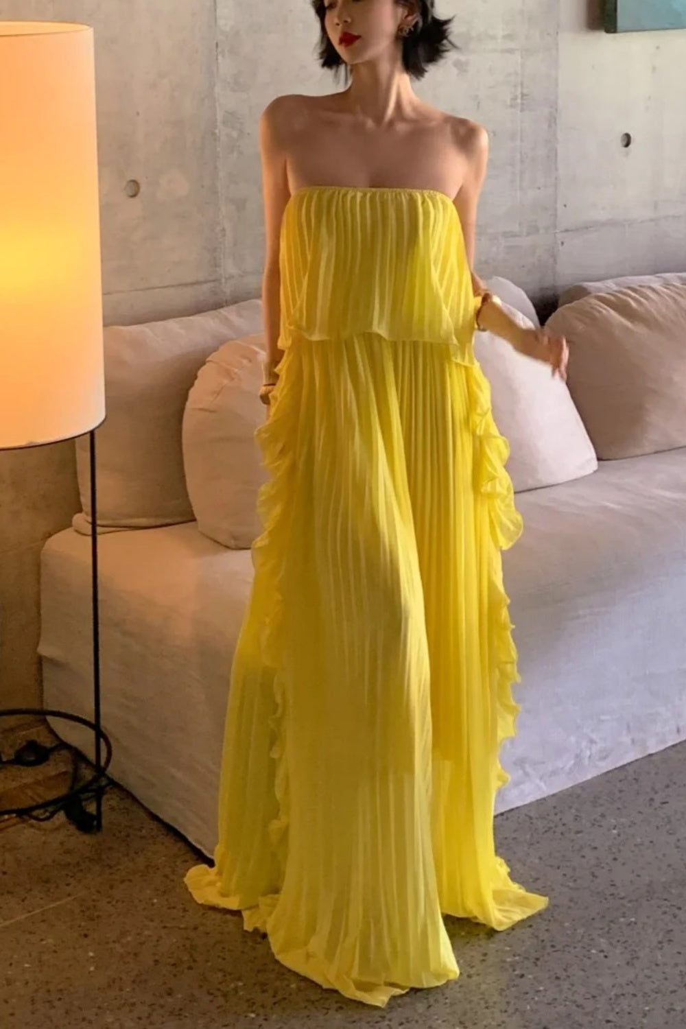 Vacation Style Off-the-Shoulder Pleated Maxi Dress Lemon Yellow Backless Gown  FD07