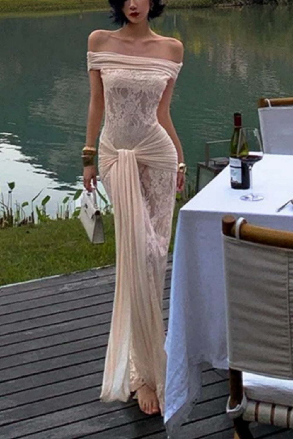 Exclusive for Vacation Dinners  Champagne Off-the-Shoulder Sheer Lace Mermaid Gown FD07