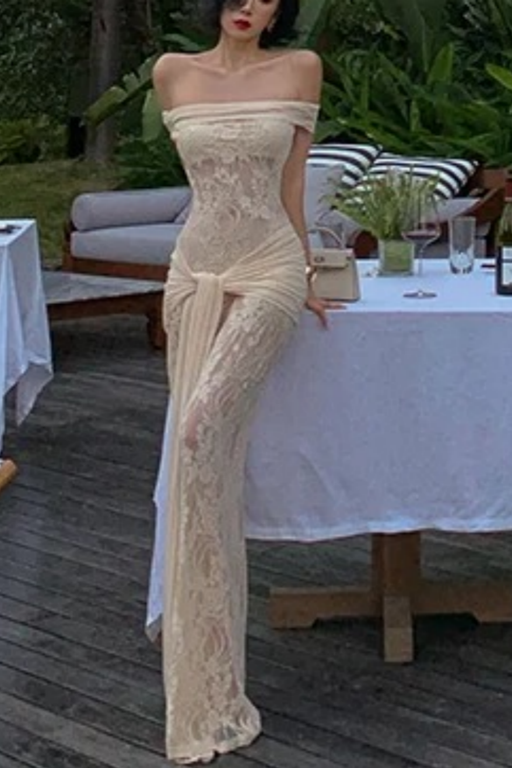 Exclusive for Vacation Dinners  Champagne Off-the-Shoulder Sheer Lace Mermaid Gown FD07
