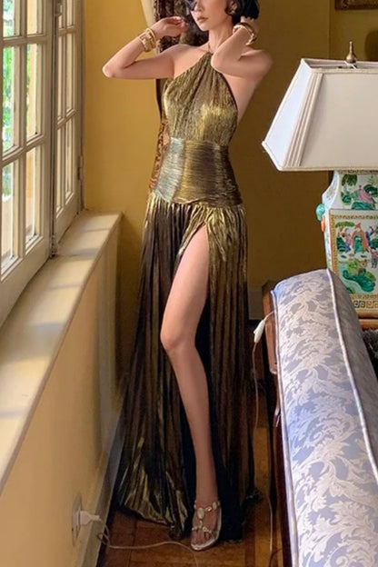 Gold Metallic Halter Dress Sexy High-Slip Evening Maxi Dress  FD08
