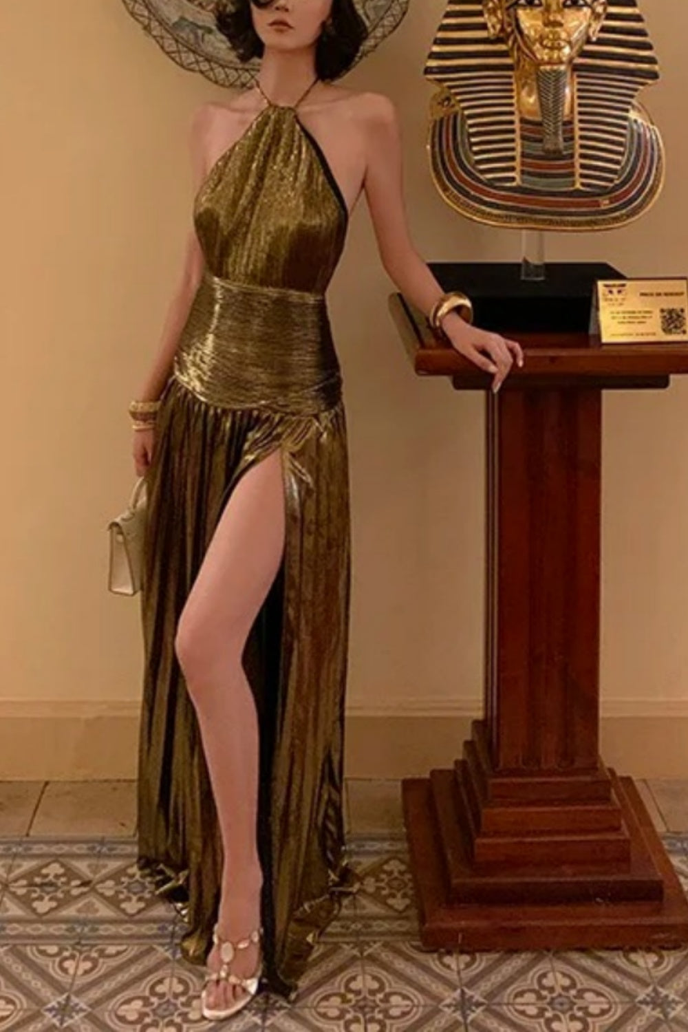 Gold Metallic Halter Dress Sexy High-Slip Evening Maxi Dress  FD08