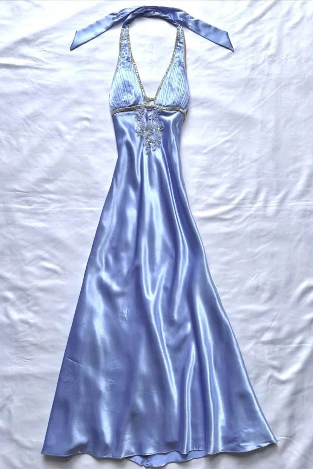Satin Halter Dress with Rhinestone Embellishment Deep V Neck Flowing Gown Floral041