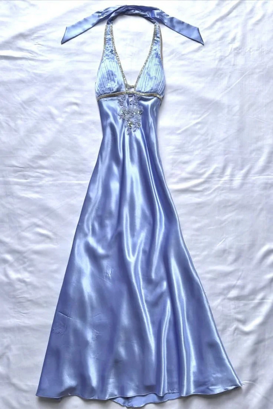 Satin Halter Dress with Rhinestone Embellishment Deep V Neck Flowing Gown Floral041