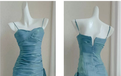 Mermaid-Inspired Coming-of-Age Blue Gown – Premium, Sophisticated Spaghetti-Strap Dress L001
