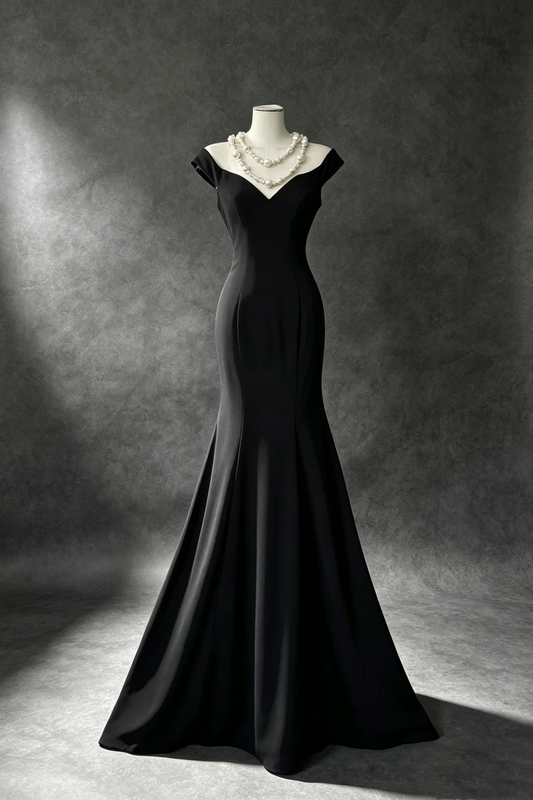 Elegant Black V‑Neck Off‑The‑Shoulder Mermaid Dress, Stretch Fabric Long Special Occasion Dress F0043