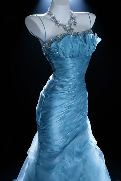 Sky Blue Satin Mermaid Gown, Spaghetti Straps Beaded Ruched Ruffle Prom Gown F005