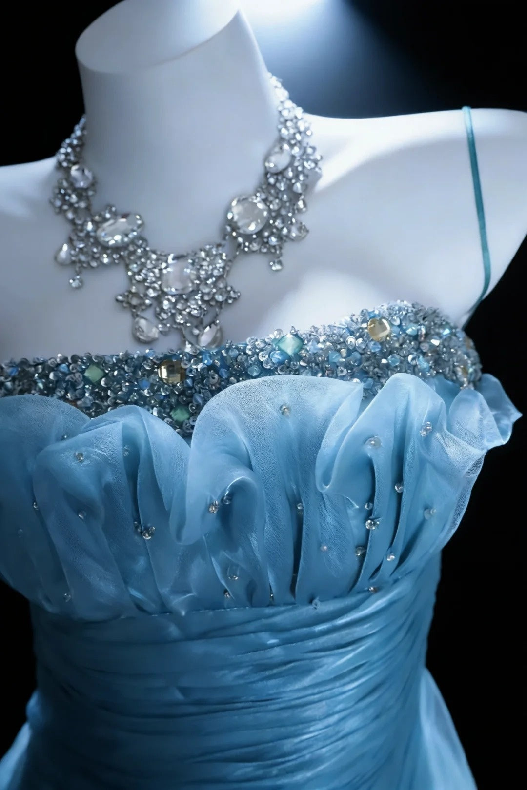 Sky Blue Satin Mermaid Gown, Spaghetti Straps Beaded Ruched Ruffle Prom Gown F005