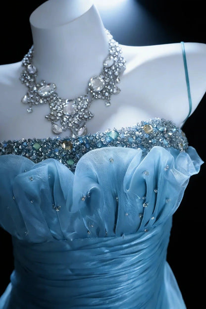 Sky Blue Satin Mermaid Gown, Spaghetti Straps Beaded Ruched Ruffle Prom Gown F005