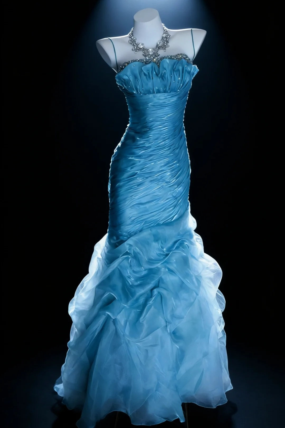 Sky Blue Satin Mermaid Gown, Spaghetti Straps Beaded Ruched Ruffle Prom Gown F005