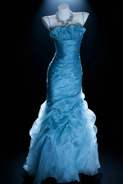 Sky Blue Satin Mermaid Gown, Spaghetti Straps Beaded Ruched Ruffle Prom Gown F005