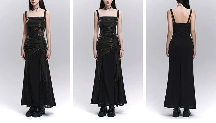 Metallic Black Square Neck Corset Lace Maxi Party Dress F0503