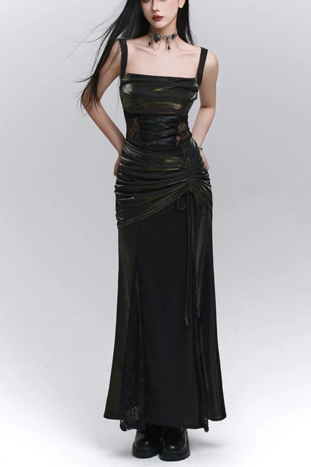 Metallic Black Square Neck Corset Lace Maxi Party Dress F0503