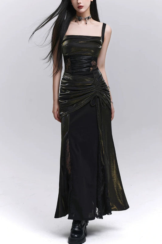 Metallic Black Square Neck Corset Lace Maxi Party Dress F0503
