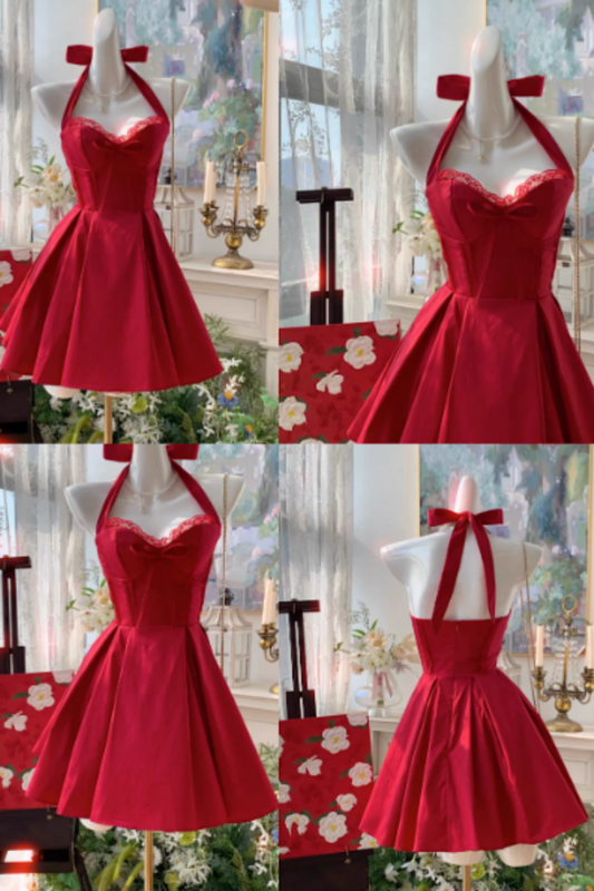 Lace Halter Bow Mini Dress, Vintage Corset Waist A-Line Homecoming Party Gown F058