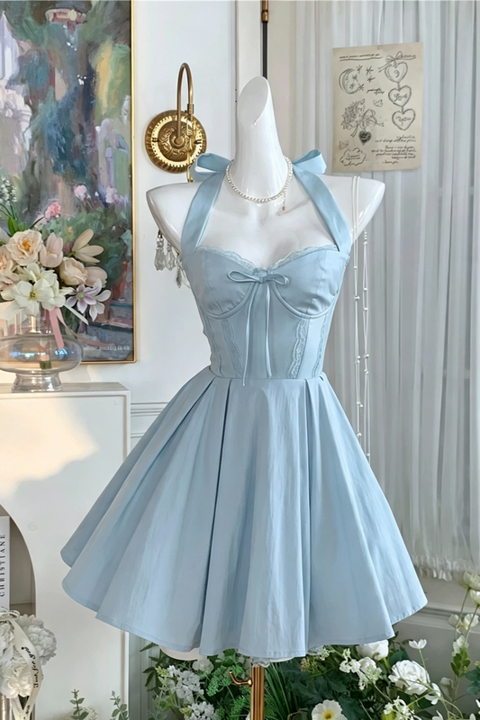 Lace Halter Bow Mini Dress, Vintage Corset Waist A-Line Homecoming Party Gown F058