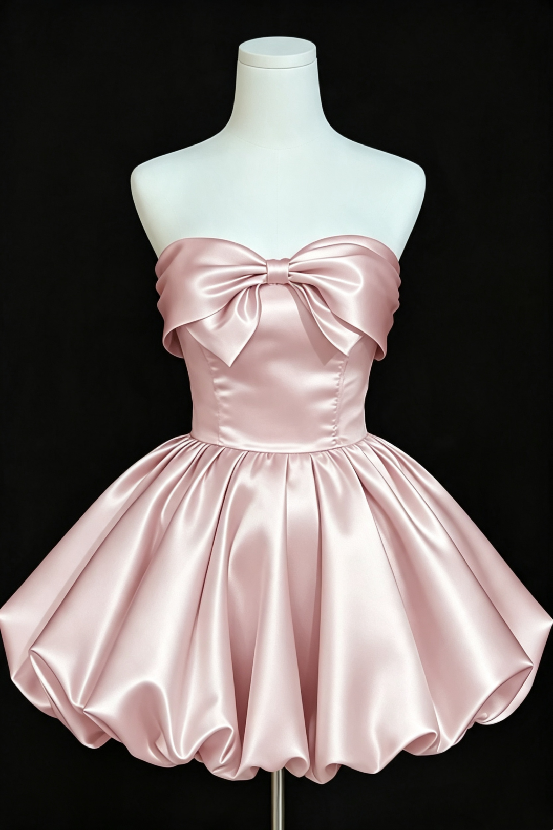 Homecoming Dress Blush Satin Strapless Short Dress With Big Bow, Lace‑Up Back Cocktail Gown F0012