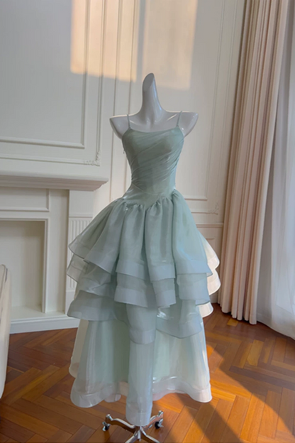 Mint Green Spaghetti Strap Tiered Long Prom Dress Lace Up Back Formal Gown F0429