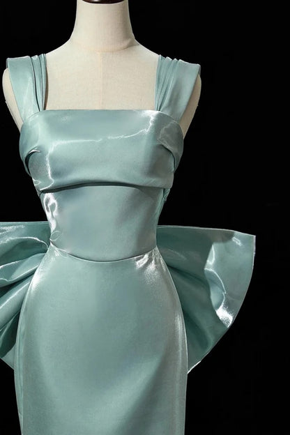 Mint Satin Square Neck Mermaid Evening Gown With Big Bow Train F0378