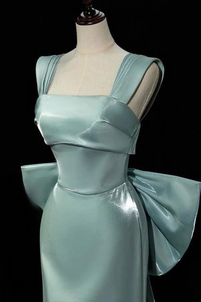 Mint Satin Square Neck Mermaid Evening Gown With Big Bow Train F0378