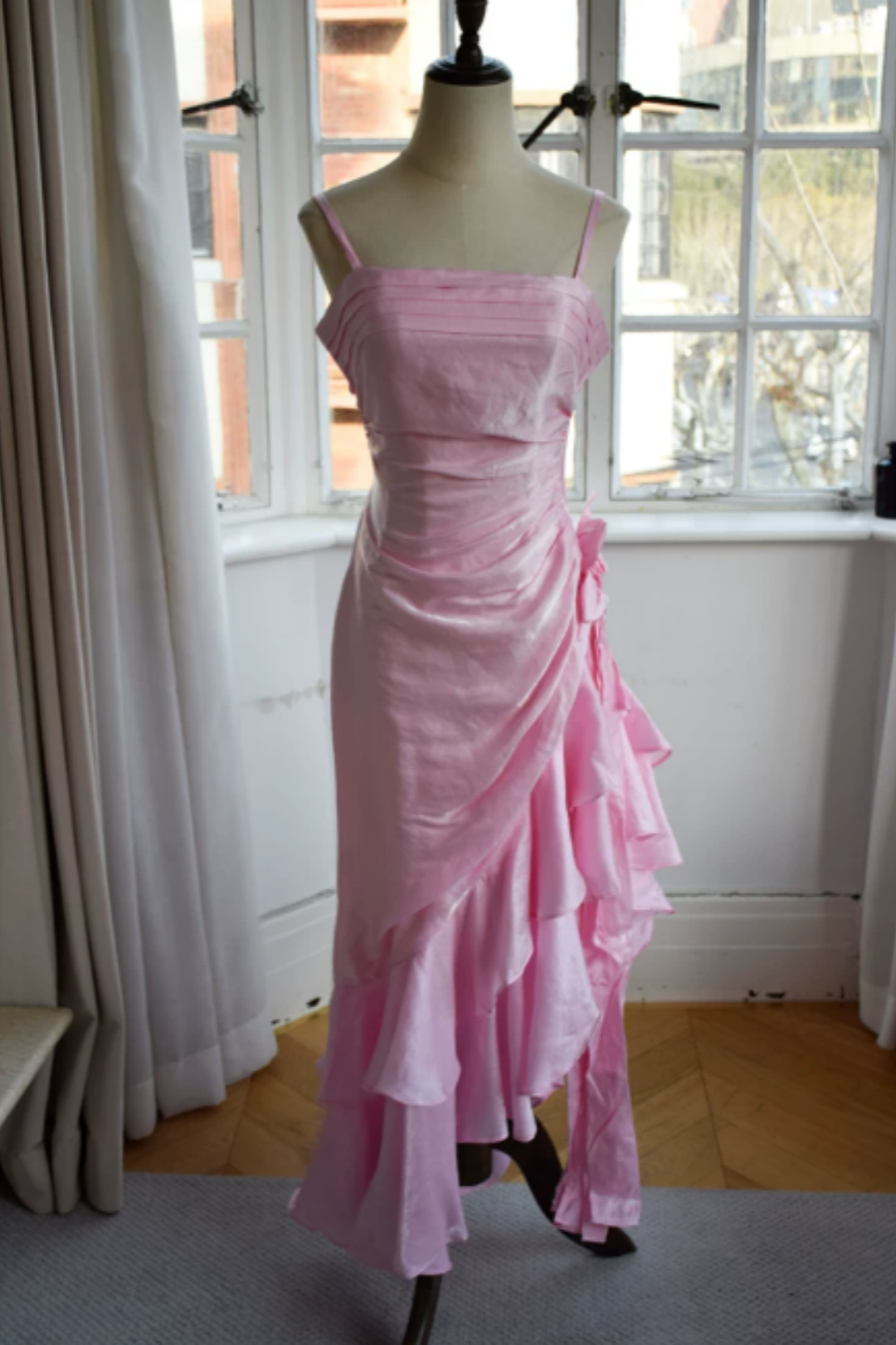 Multi Color Shiny Spaghetti Strap Formal Dress, Ruched Asymmetrical Ruffle Floral Party Dress L014