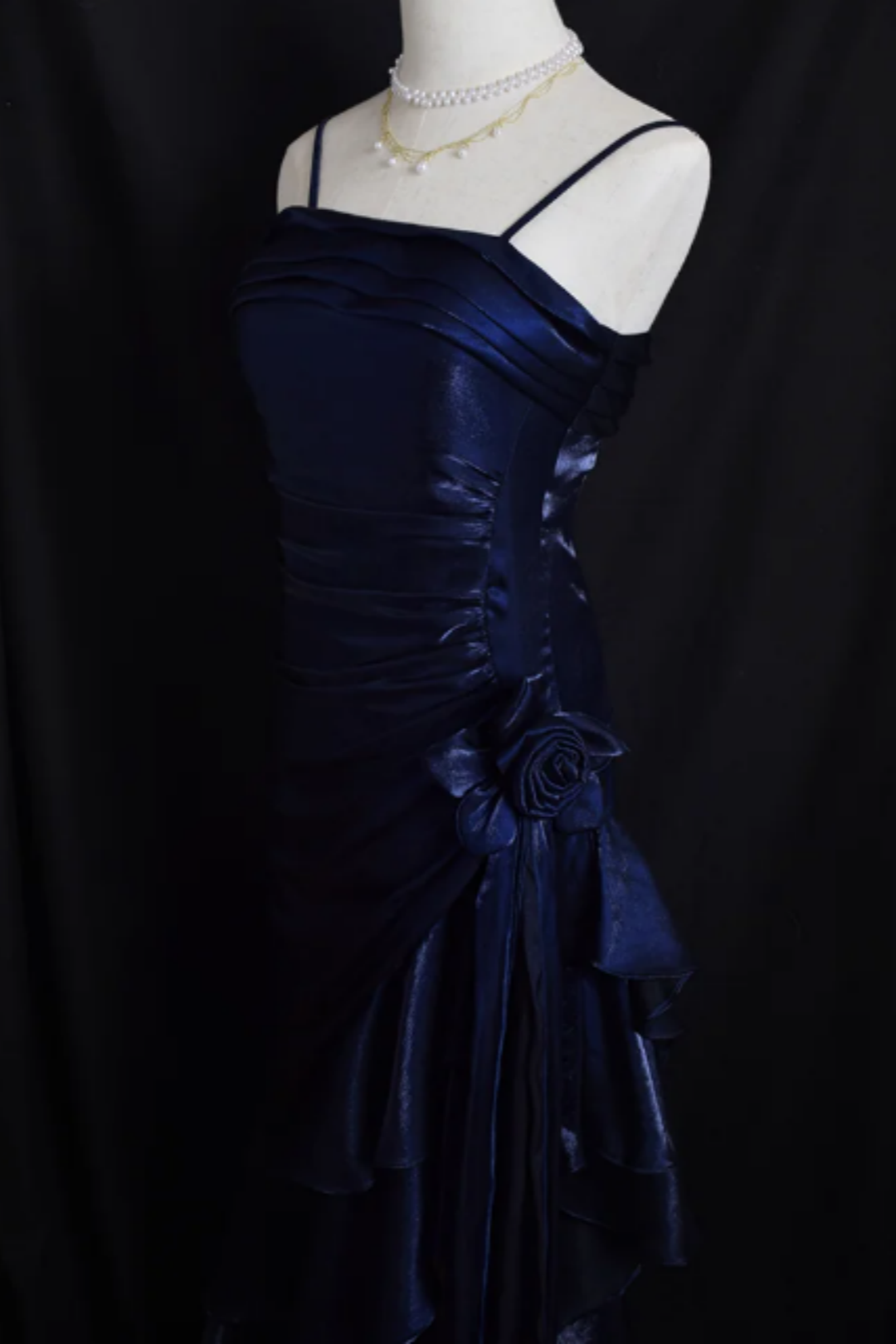 Multi Color Shiny Spaghetti Strap Formal Dress, Ruched Asymmetrical Ruffle Floral Party Dress L014