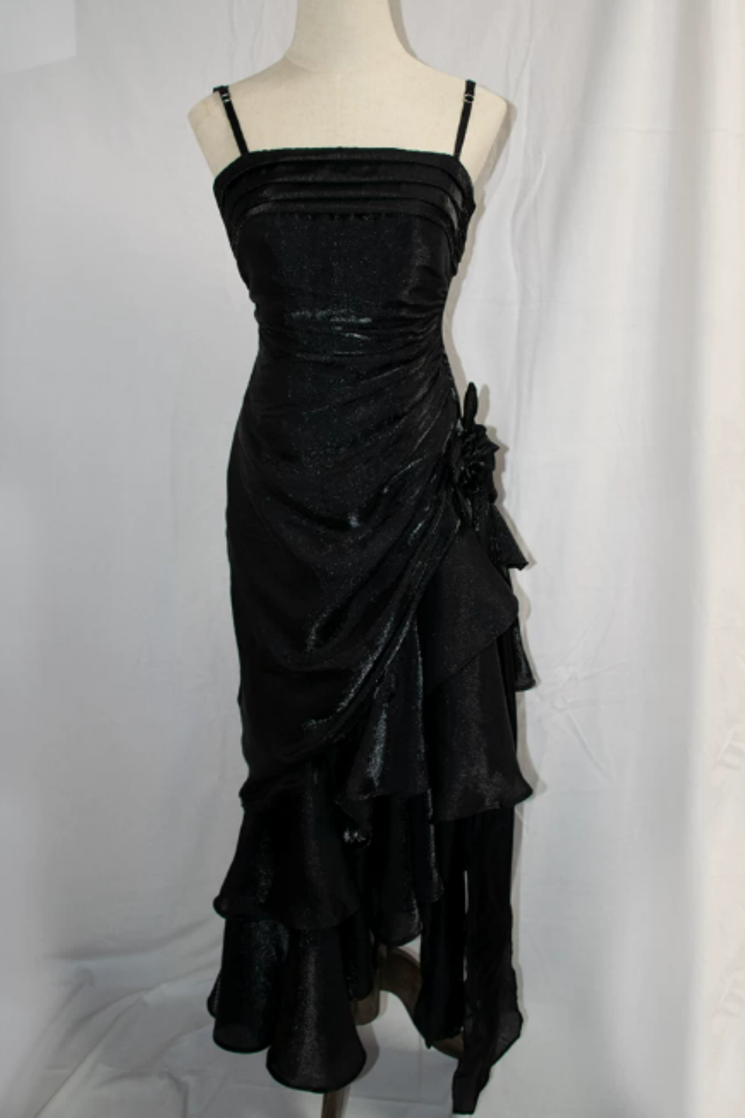 Multi Color Shiny Spaghetti Strap Formal Dress, Ruched Asymmetrical Ruffle Floral Party Dress L014