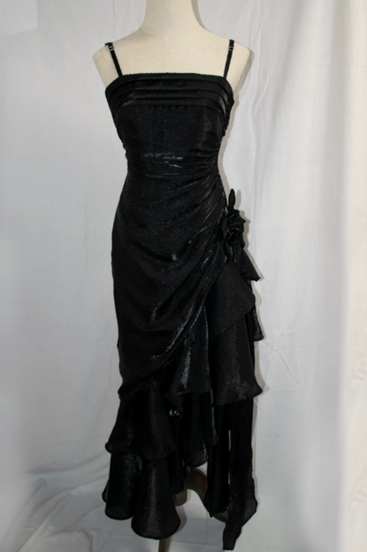 Multi Color Shiny Spaghetti Strap Formal Dress, Ruched Asymmetrical Ruffle Floral Party Dress L014