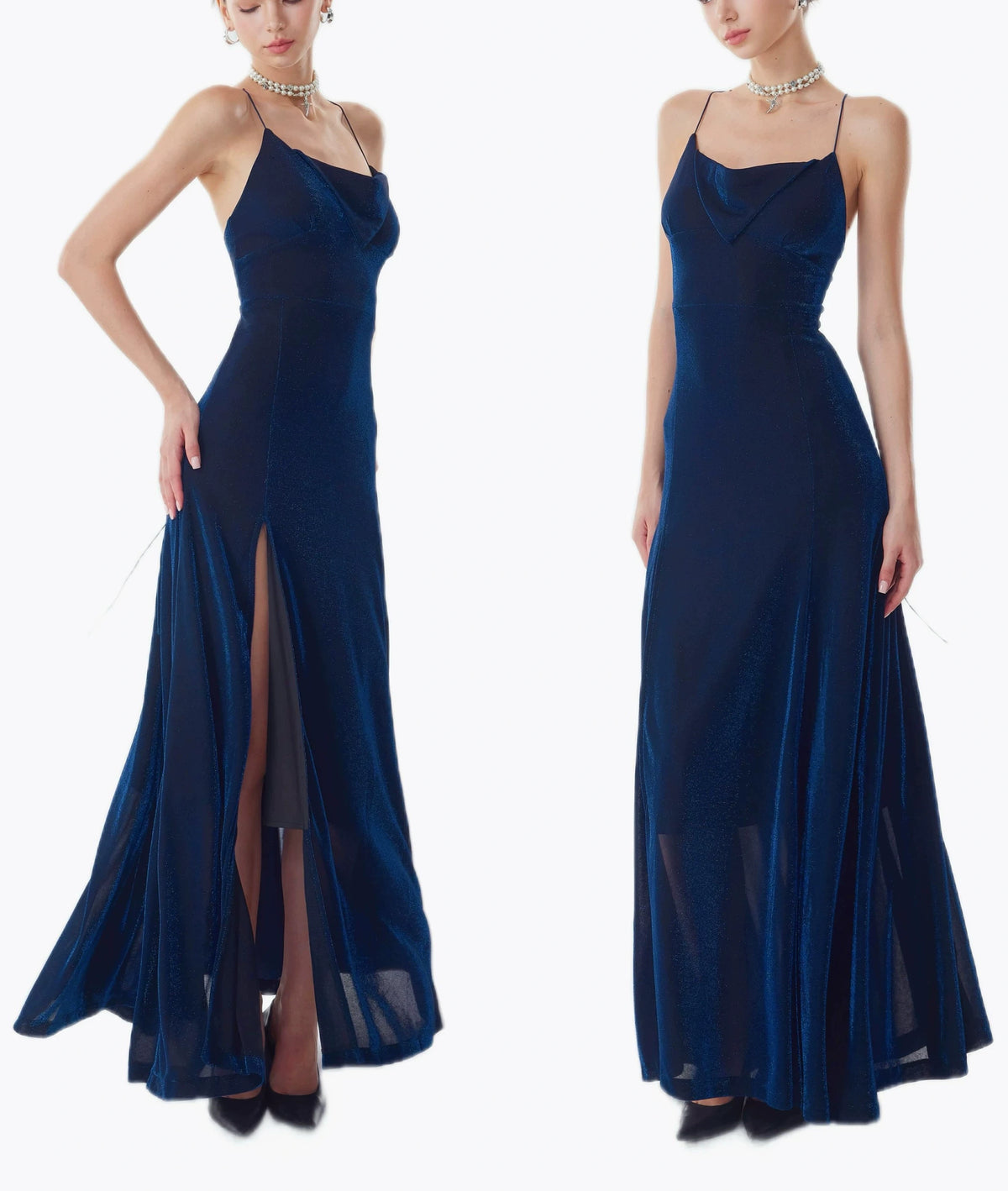 Navy Blue Glitter Spaghetti Strap Slit Maxi Prom Dress F0506