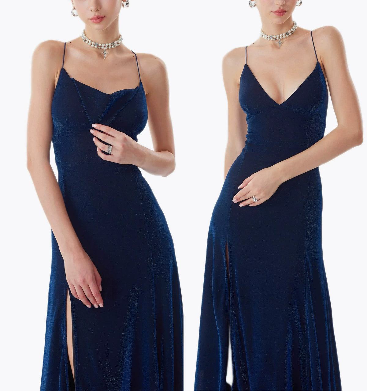 Navy Blue Glitter Spaghetti Strap Slit Maxi Prom Dress F0506