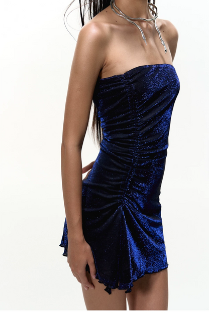 Navy Blue Glitter Strapless Ruched Mini Party Dress F0507