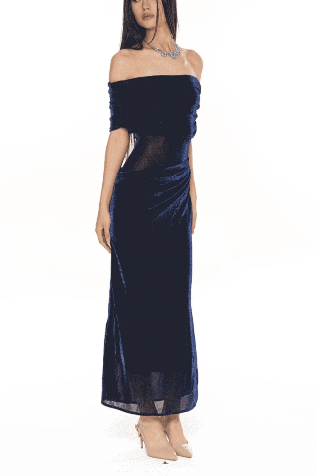 Navy Blue Off Shoulder Ruched Midi Party Dress F0505