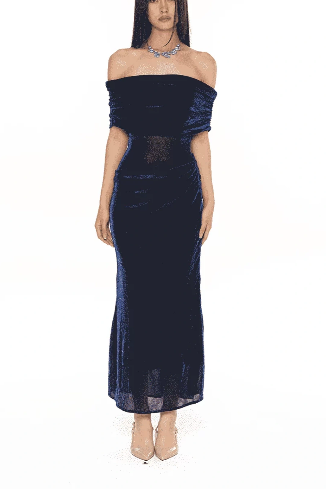 Navy Blue Off Shoulder Ruched Midi Party Dress F0505