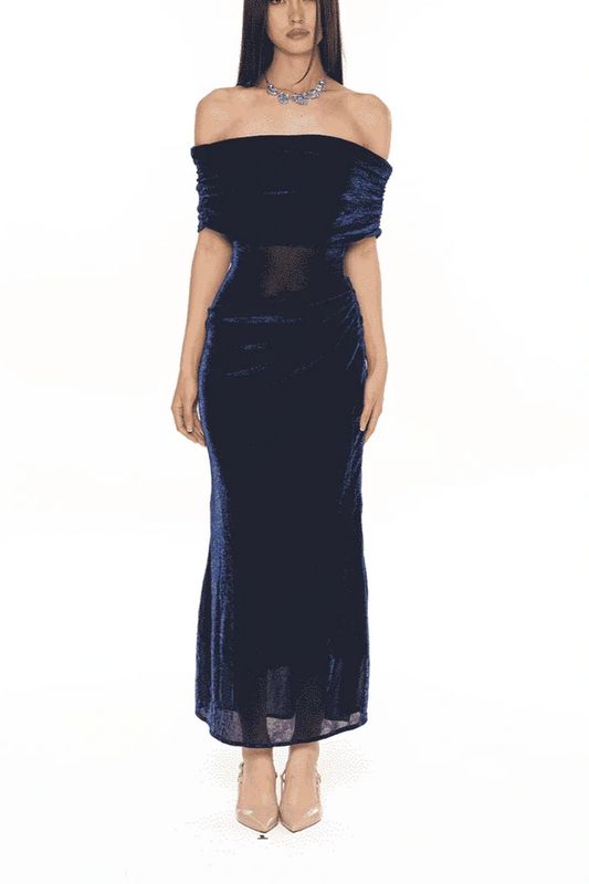 Navy Blue Off Shoulder Ruched Midi Party Dress F0505