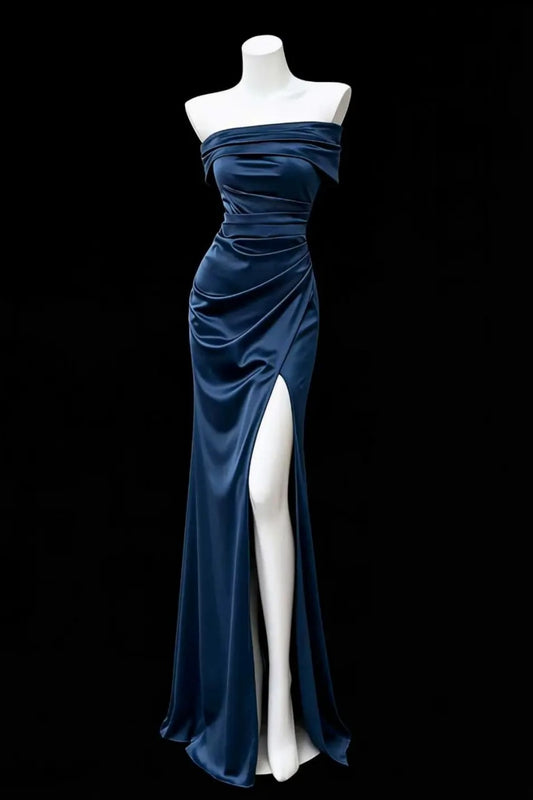 Navy Blue Off Shoulder Satin Mermaid Formal Dress F0347
