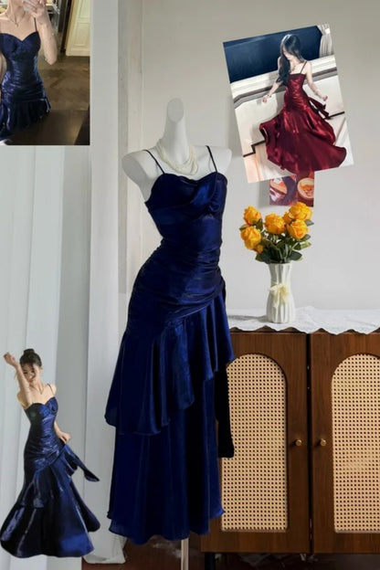 Navy Blue Satin Mermaid Prom Dress, Spaghetti Strap Formal Gown F0417