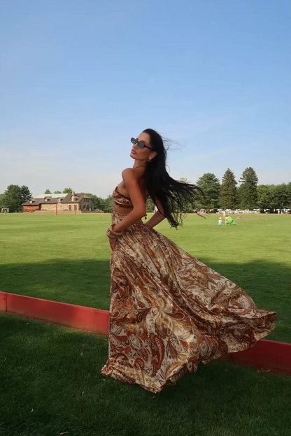 Bohemian Vintage Paisley Gold Foil Print Strapless Cutout Maxi Dress Convertible Halter Chiffon Flowy Long Dress For Holiday Beach Vacation F066
