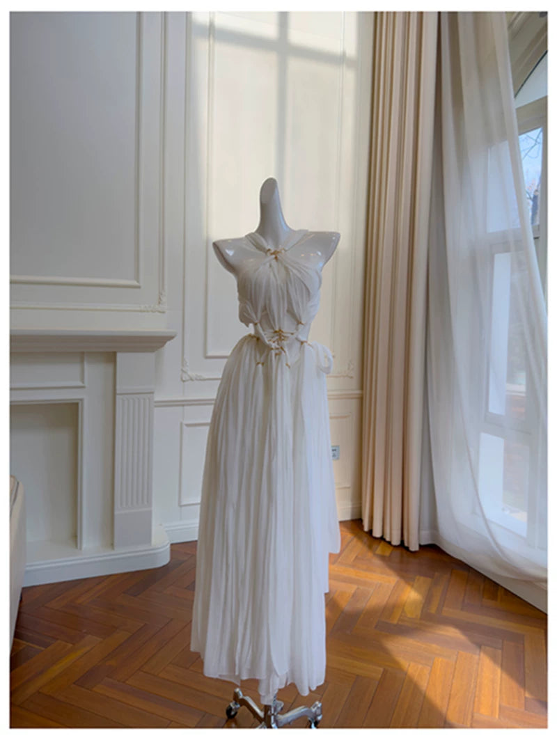 Halter White Chiffon Maxi Evening Dress F0438