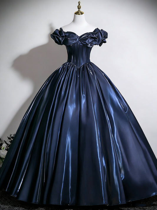 Navy Blue Off-the-Shoulder Ball Gown Satin Corset Prom Dress for Women, Formal Evening Gown Floral018