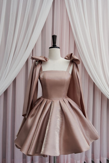 Gorgeous square neck shiny satin mini dress with big shoulder bows, puffy short dress F0287