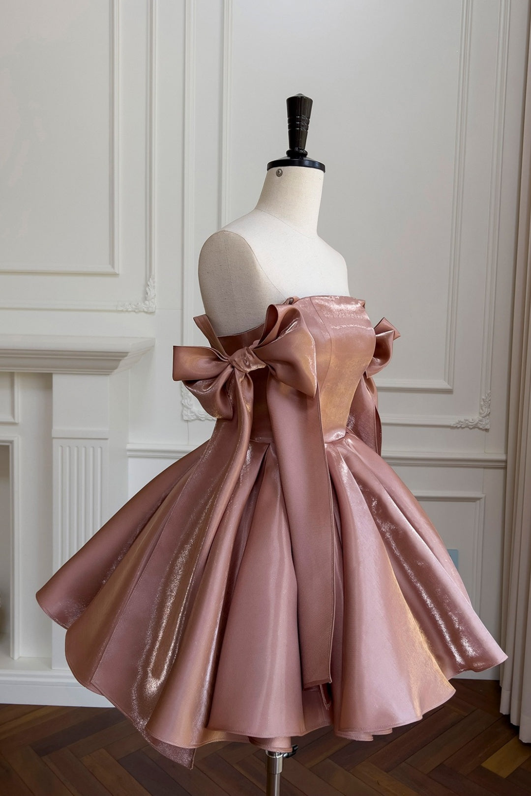 Gorgeous square neck shiny satin mini dress with big shoulder bows, puffy short dress F0287