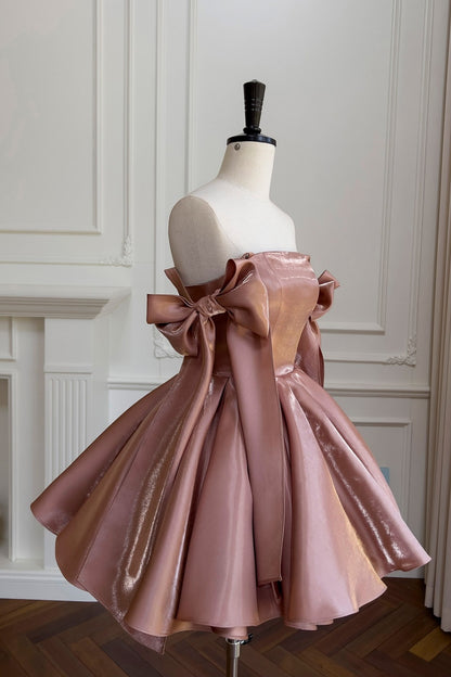 Gorgeous square neck shiny satin mini dress with big shoulder bows, puffy short dress F0287