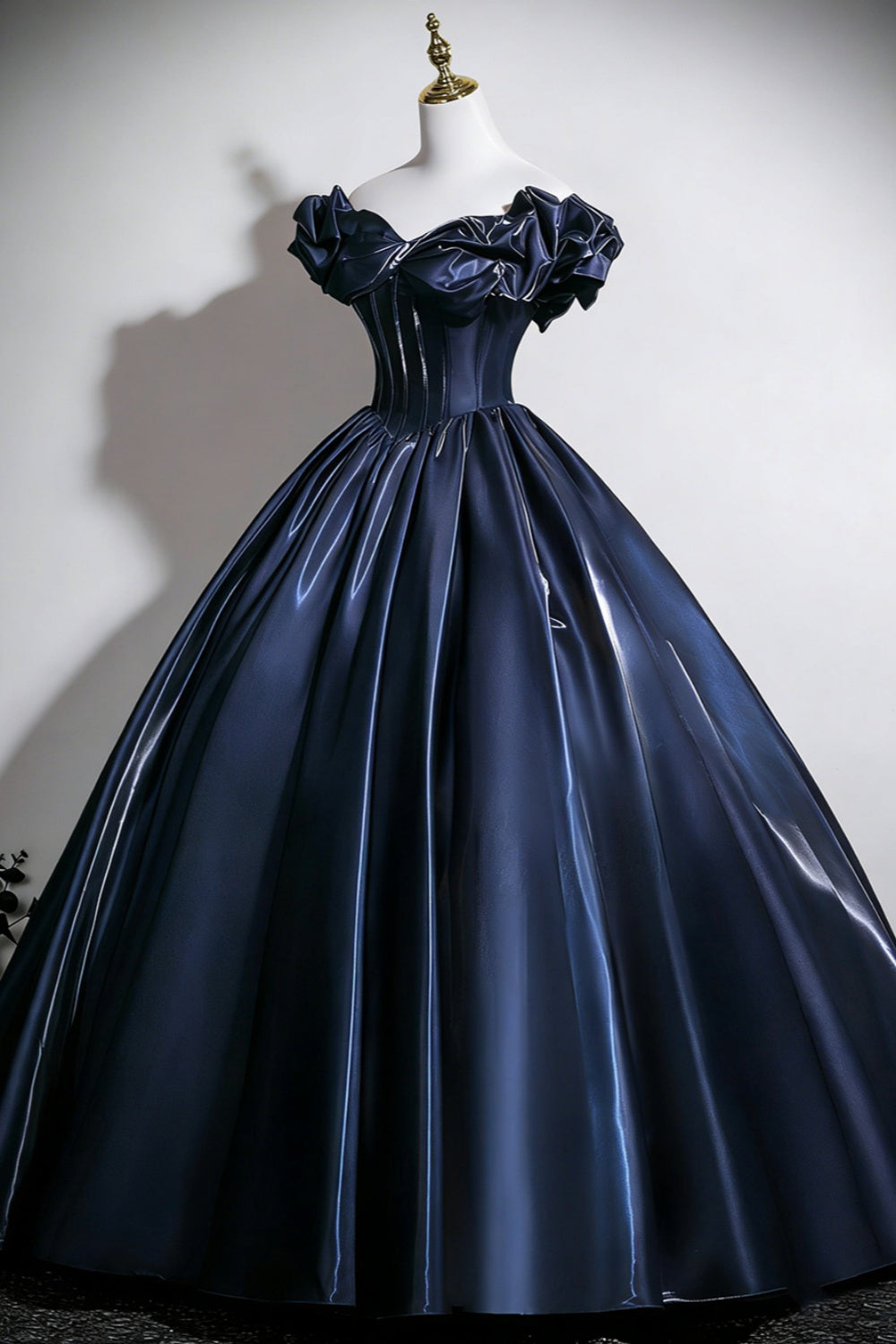 Navy Blue Off-the-Shoulder Ball Gown Satin Corset Prom Dress for Women, Formal Evening Gown Floral018