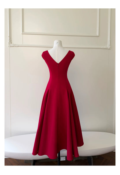 Burgundy Square Neck Midi Formal Dress Cap Sleeve A-Line Evening Party Dress F0433