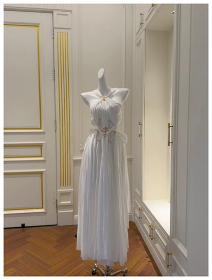 Halter White Chiffon Maxi Evening Dress F0438
